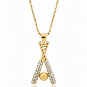 Baseball Bat Pendant Necklace (Gold-Plated Stainless Steel, 24” Chain Included)